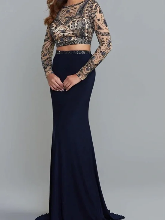 Prom Gown Sherri Hill 2 piece Navy Sequin 8 Mesh - Picture 1 of 8